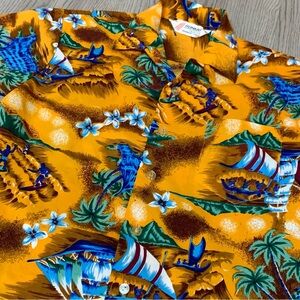 Vintage 70s 80s Romani‎ Orange Hawaiian Shirt Surfers Hula Girl Boats Mens Small